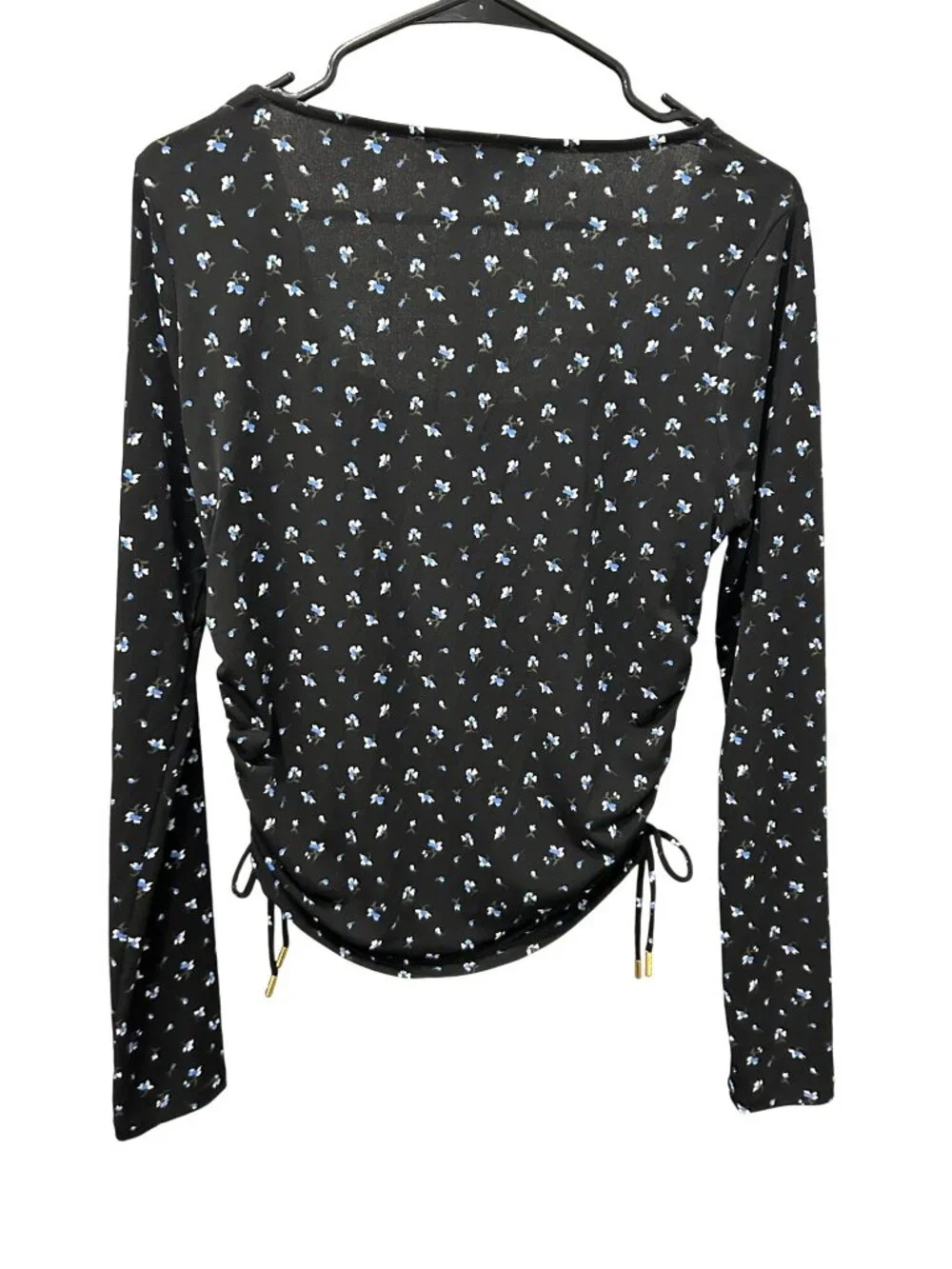 Michael Kors Womens Black Long Sleeve Floral Ruched Top Size M